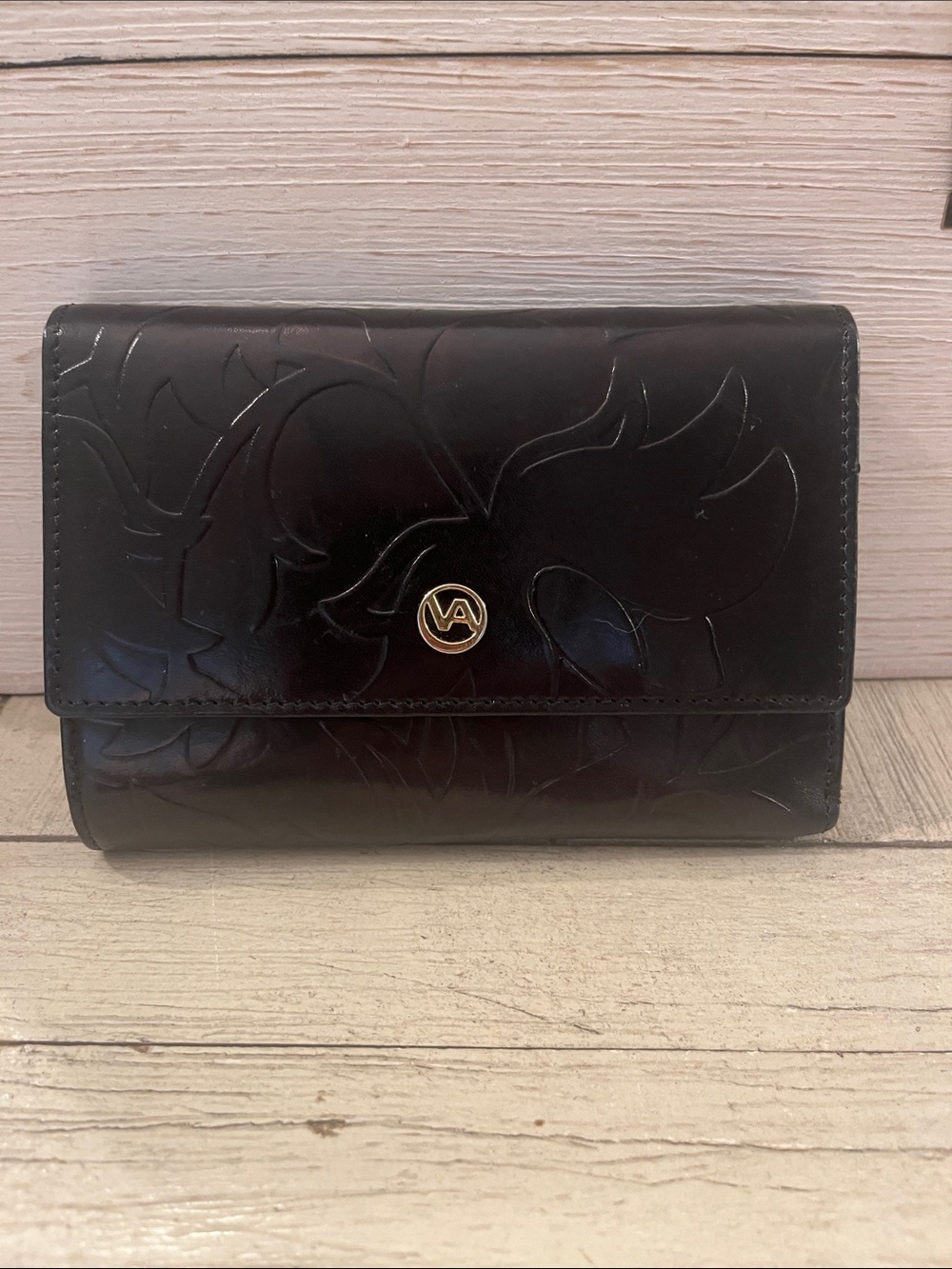 Valentina Black Embossed Floral Leather Wallet with Gold Logo